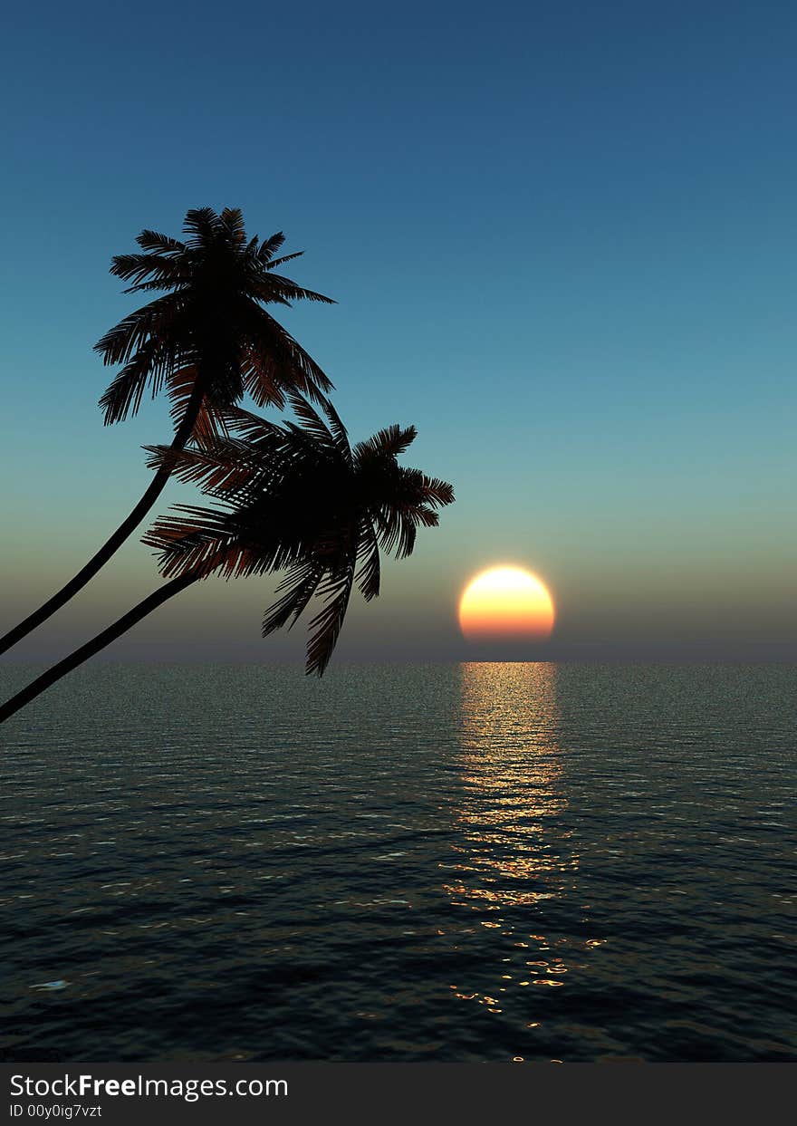 Sunset coconut palm trees on small island - 3d illustration.