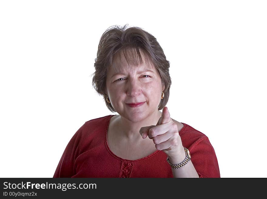 A woman in a red blouse giving mean look and pointing at camera. A woman in a red blouse giving mean look and pointing at camera