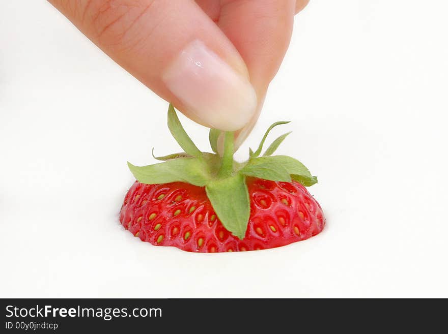 Ripe strawberries in the fingers of a girl