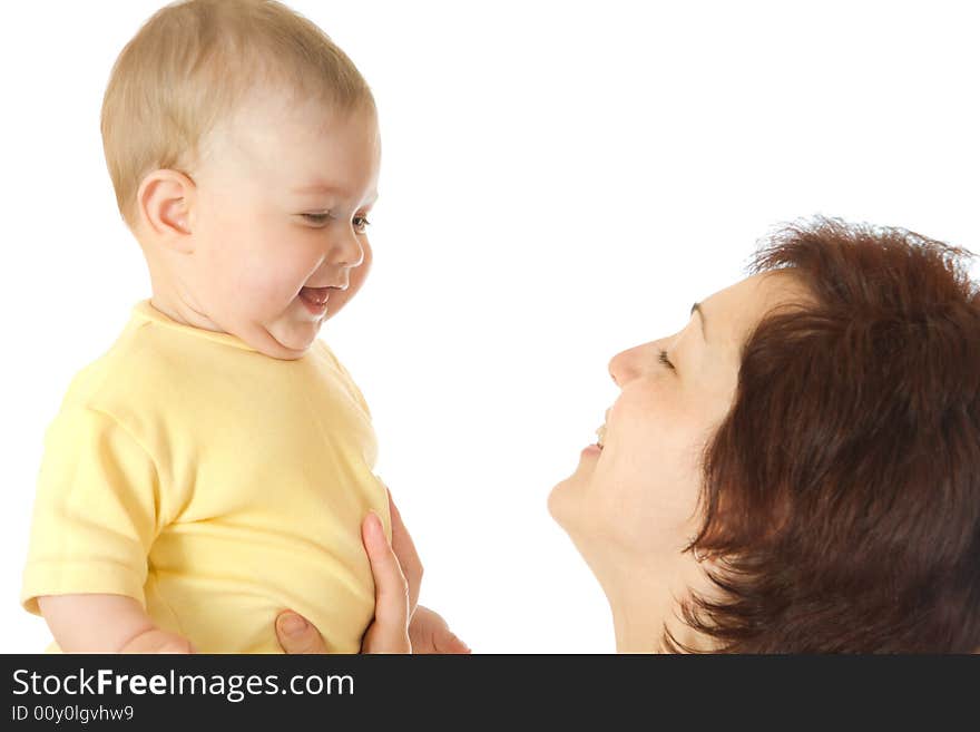 Small baby with mother isolated on white