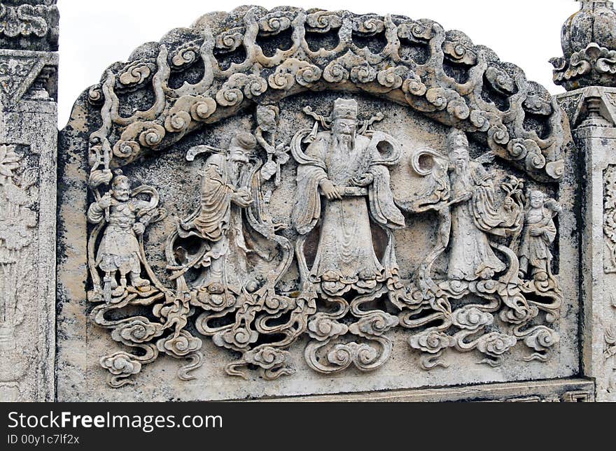 Ancient stone carving in the temple.
Pattern and image are very vivid, lifelike.