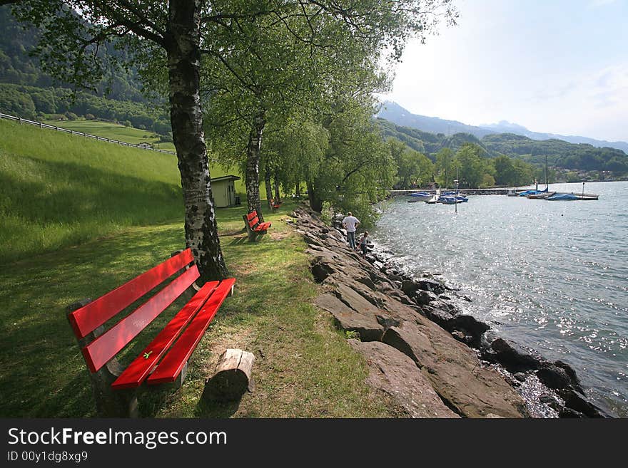 Rest area on the swiss mountains lake Wallenstein. Rest area on the swiss mountains lake Wallenstein