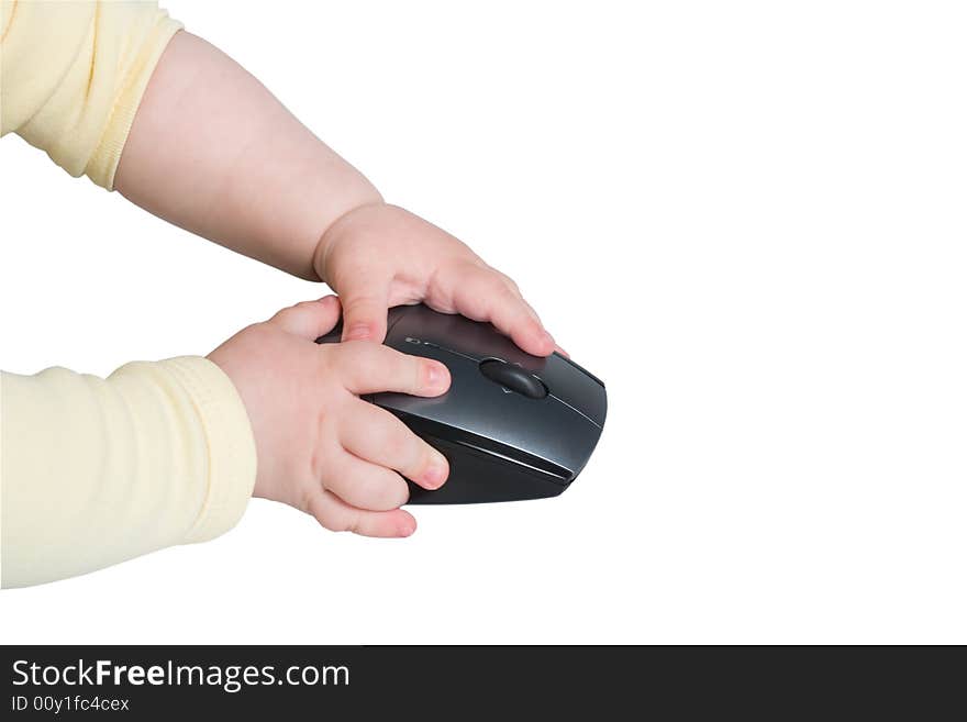 Hands of 10 months baby on the mouse. Hands of 10 months baby on the mouse.