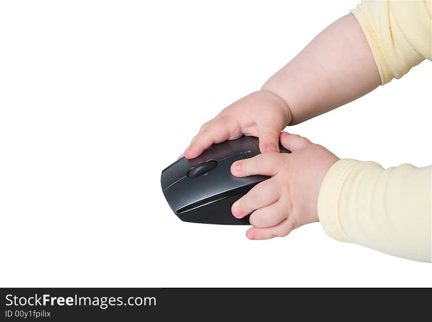 Hands of 10 months baby on the mouse. Hands of 10 months baby on the mouse.