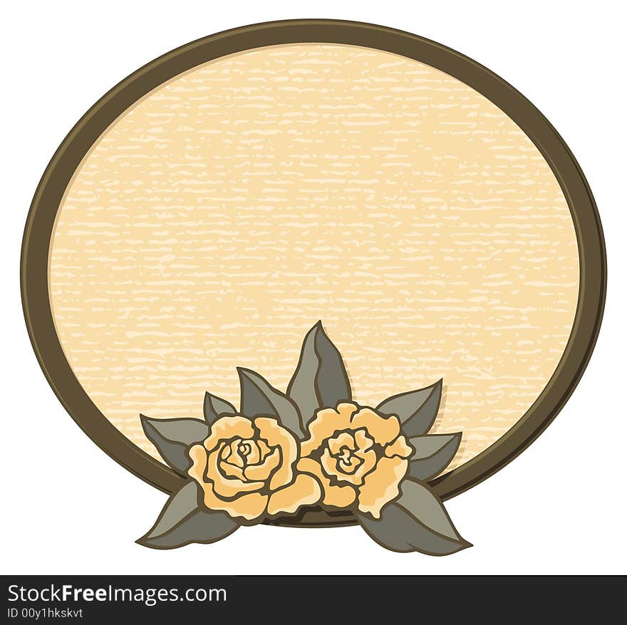 Decorative oval frame with roses in sepia tones.