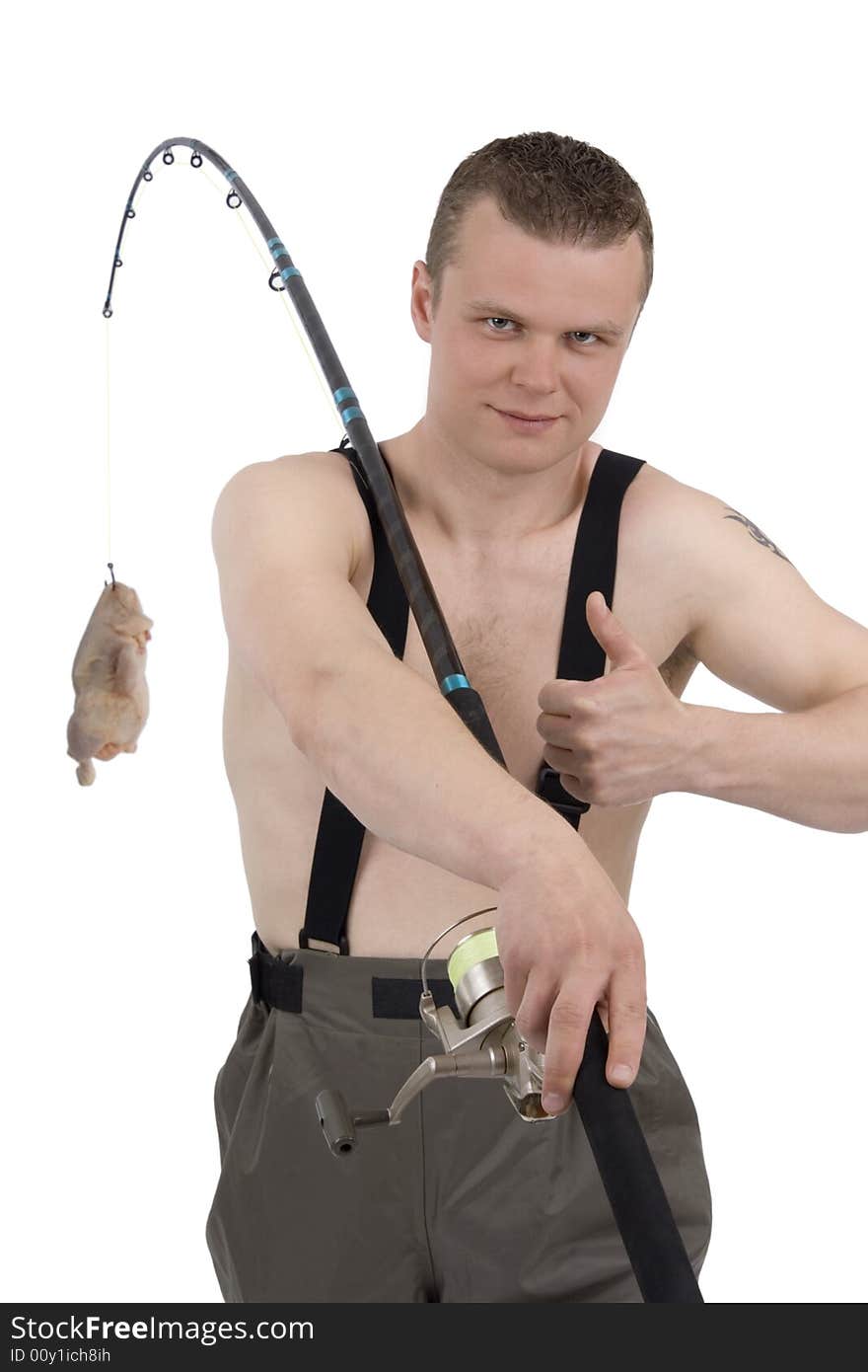 Fisherman with chicken on fishhook