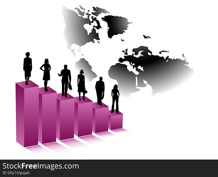 Illustration of people, map and graph. Illustration of people, map and graph