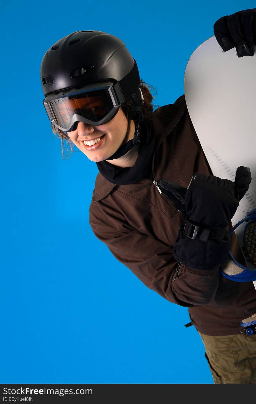 Woman with snowboard equipment