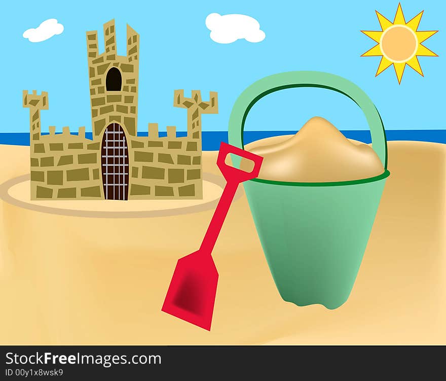 Beach scene with sand pail and sand castle. Beach scene with sand pail and sand castle.