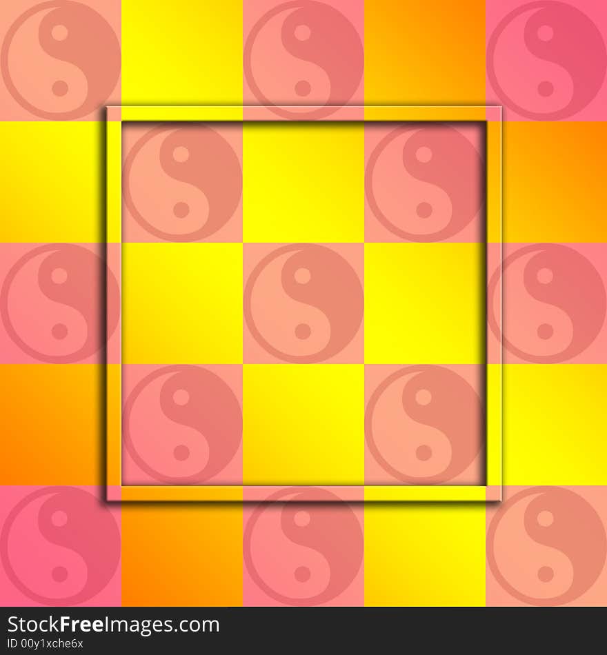 A checkered design in hues of pink and yellow.  In the pink squares are the yin-tang symbol.  Their is a small frame floating above the surface. A checkered design in hues of pink and yellow.  In the pink squares are the yin-tang symbol.  Their is a small frame floating above the surface.