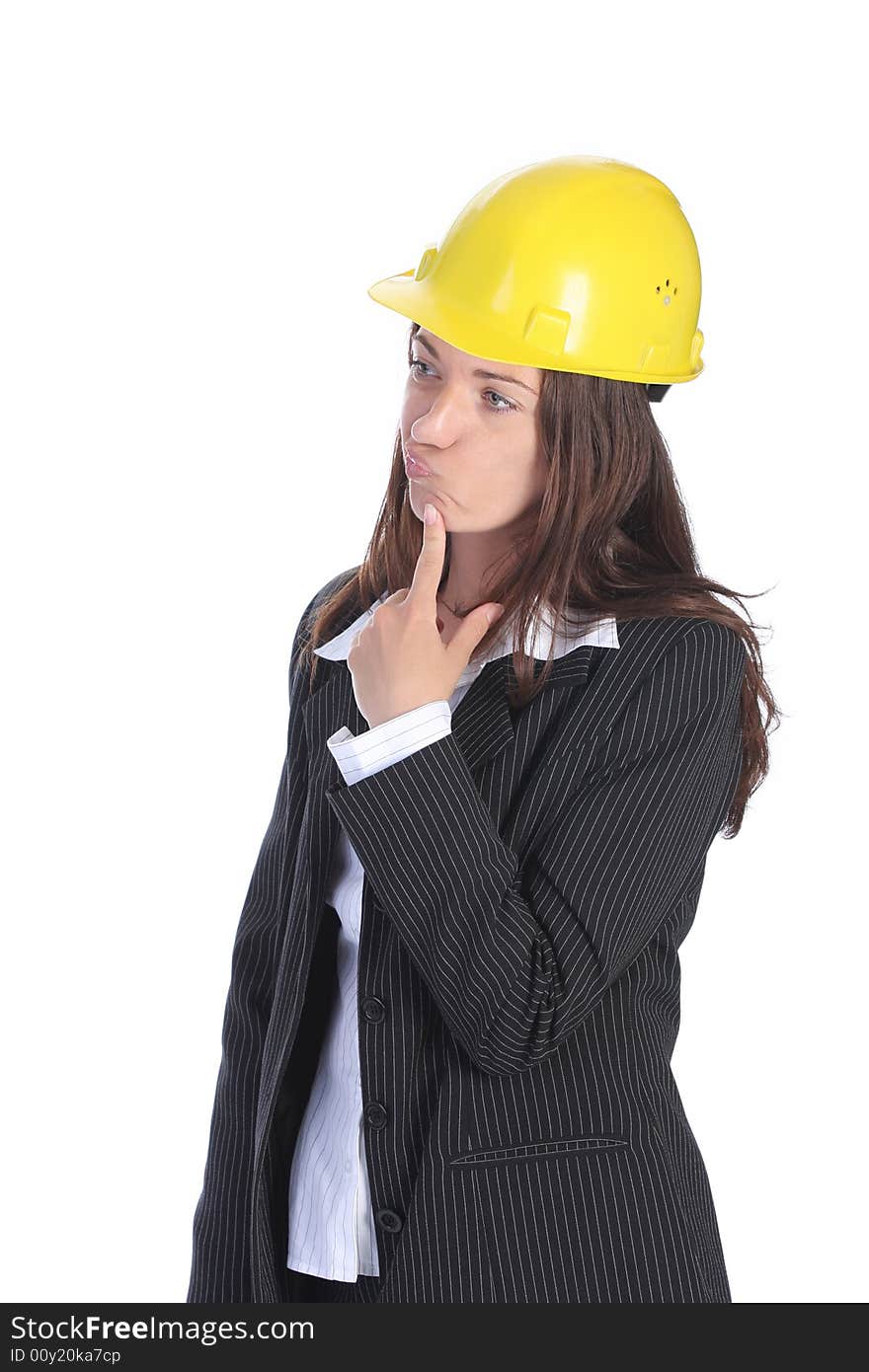 Young businesswoman thinking with helmet on white background