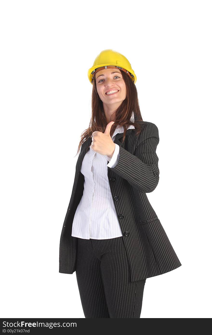 Young businesswoman with helmet on white background