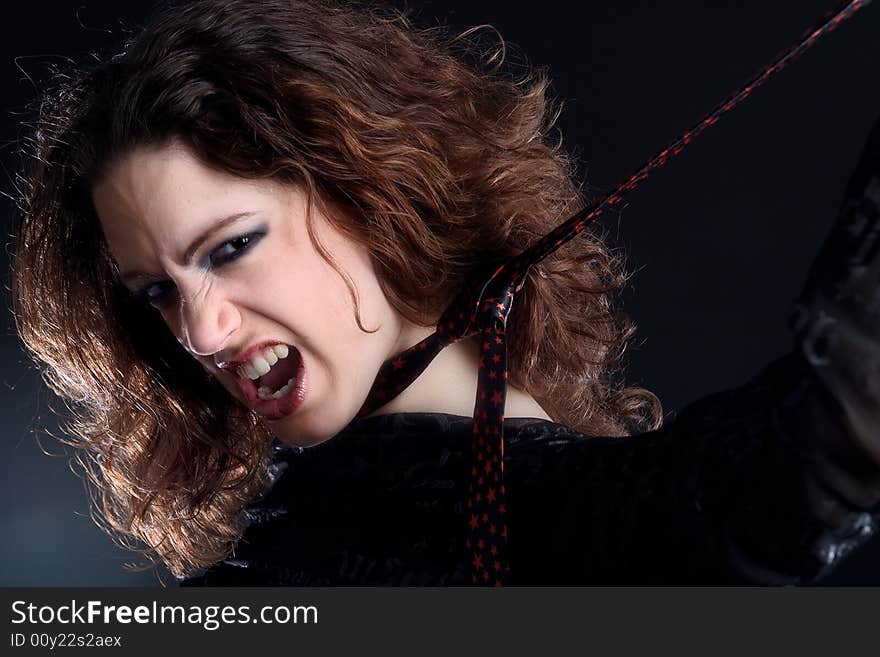 Woman with long curly hair in extasy