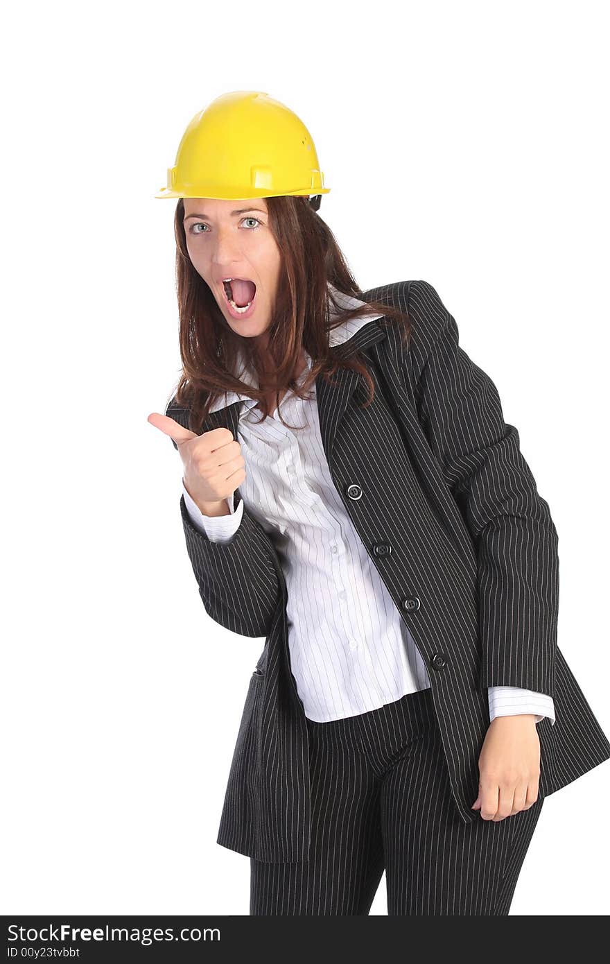 Young businesswoman with helmet on white background