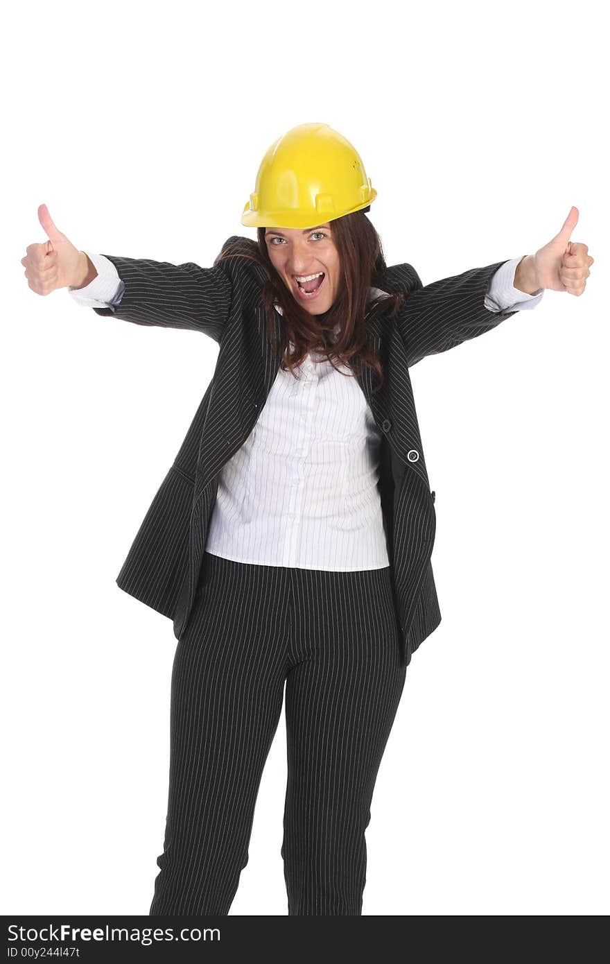 Young businesswoman with helmet on white background