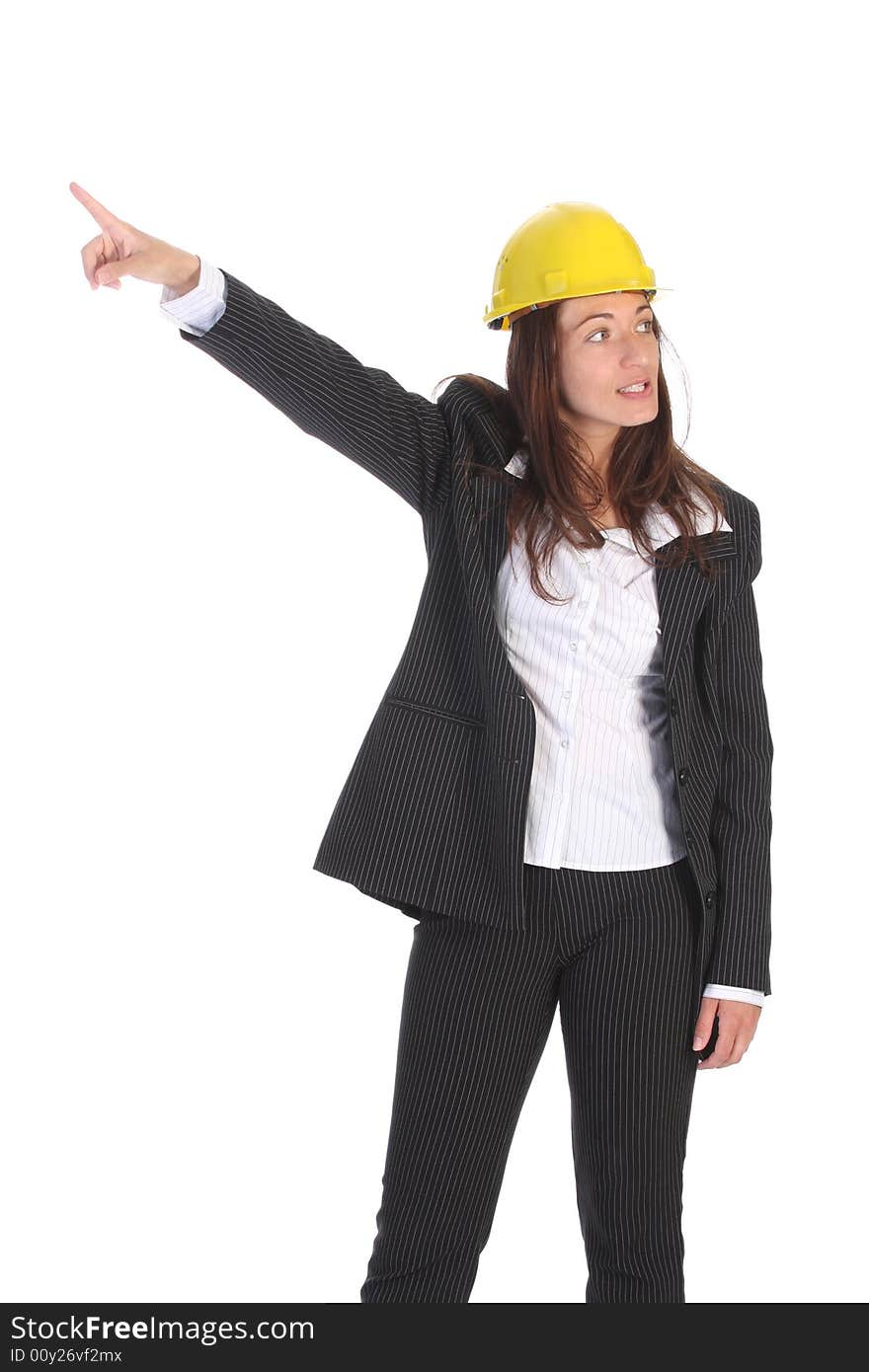 Young businesswoman pointing up on white background