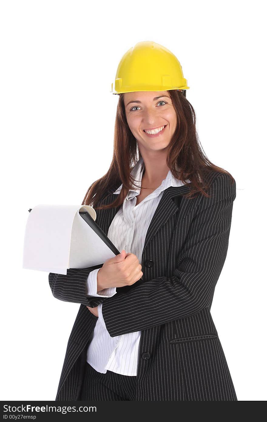 Young businesswoman with documents on white background