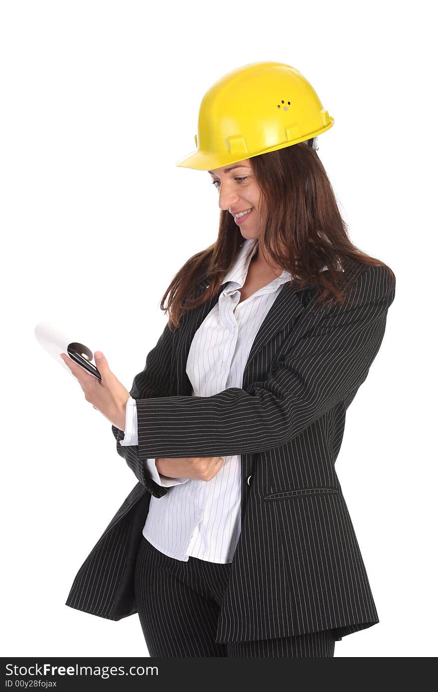 Young businesswoman with documents on white background