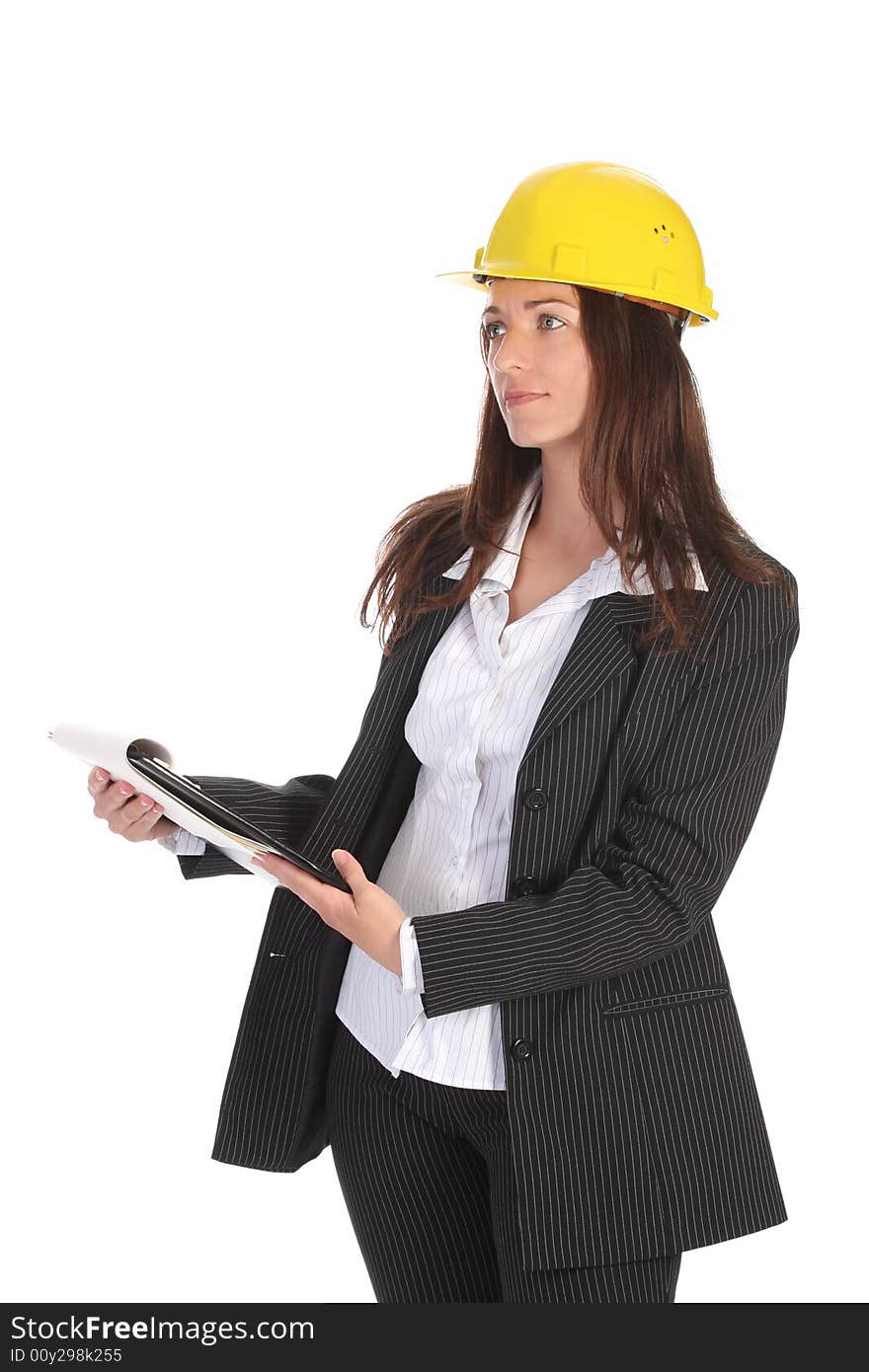 Young businesswoman with documents on white background