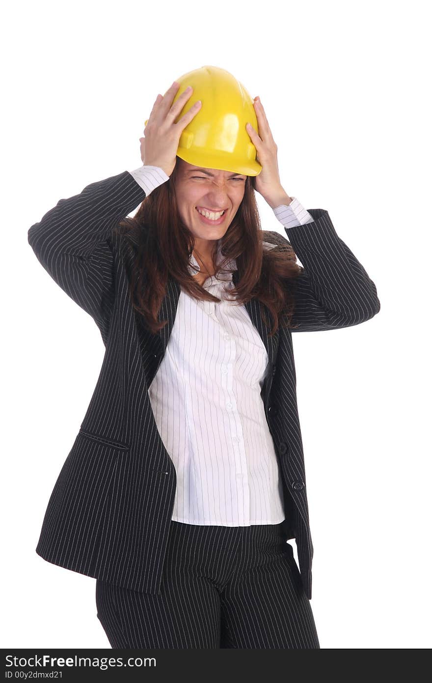 Angry businesswoman with helmet on white background