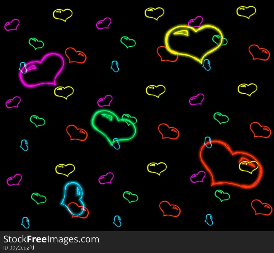 Yellow, pink, blue and red hearts, white background. Yellow, pink, blue and red hearts, white background