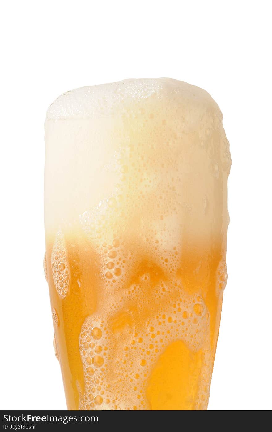 Beer foam under glass on white background with path. Beer foam under glass on white background with path