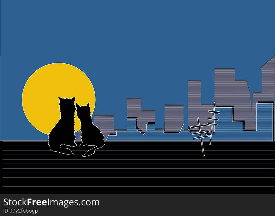 Appointment under the moon,  cat, pair, love, illustration