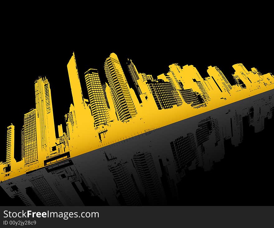 City reflected in the water. Vector art