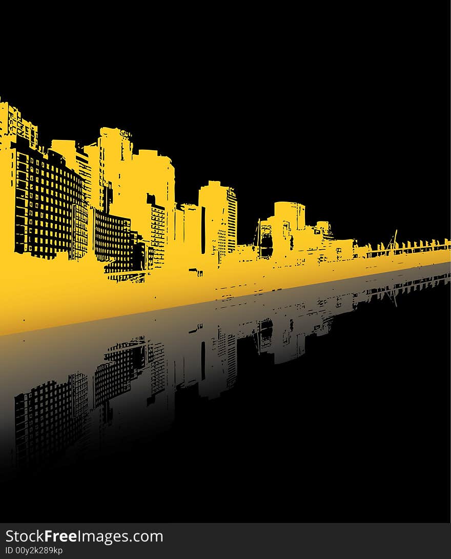 City reflected in the water. Vector