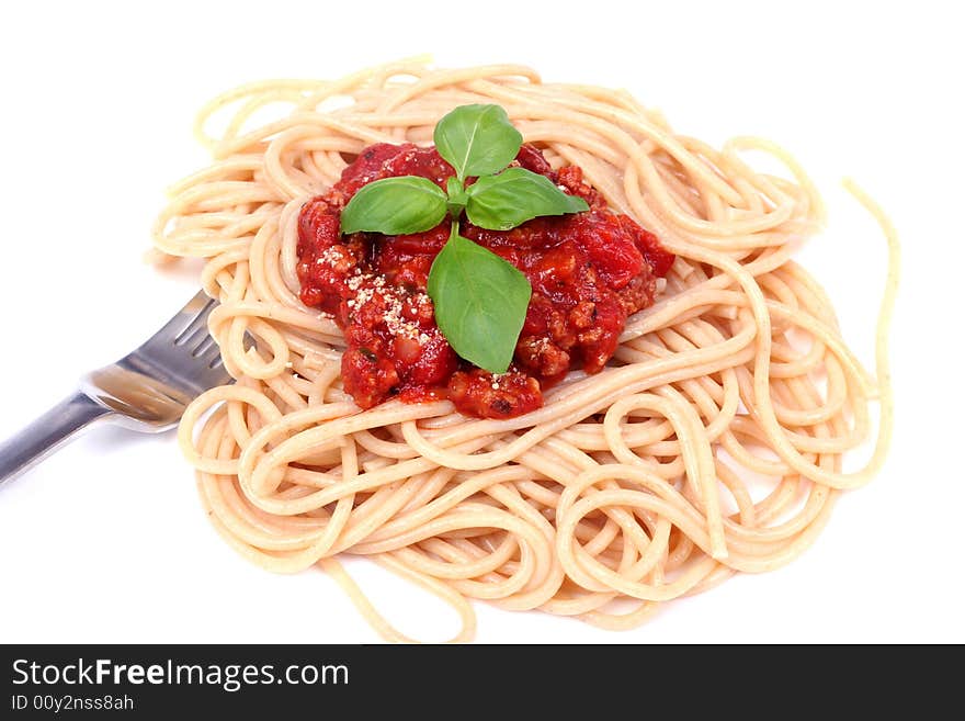 Spaghetti bolognese served on white plate. Spaghetti bolognese served on white plate