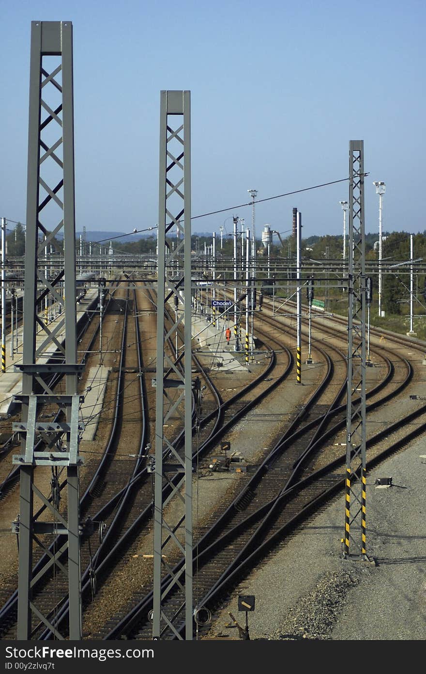 Rails and traction pylons in the railway station