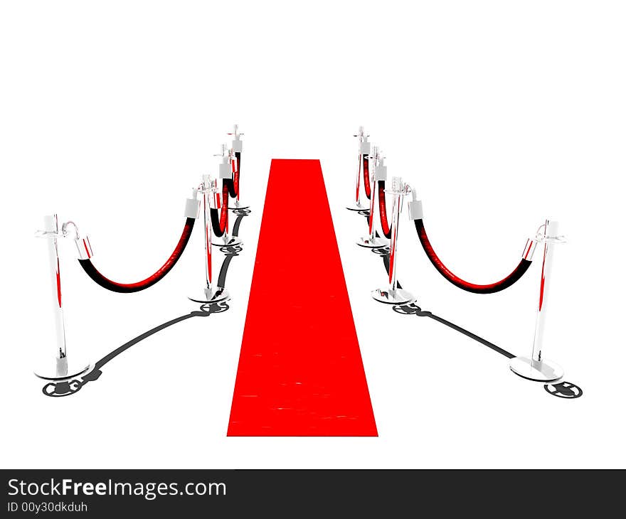 A red carpet with stanchions and isolated on white