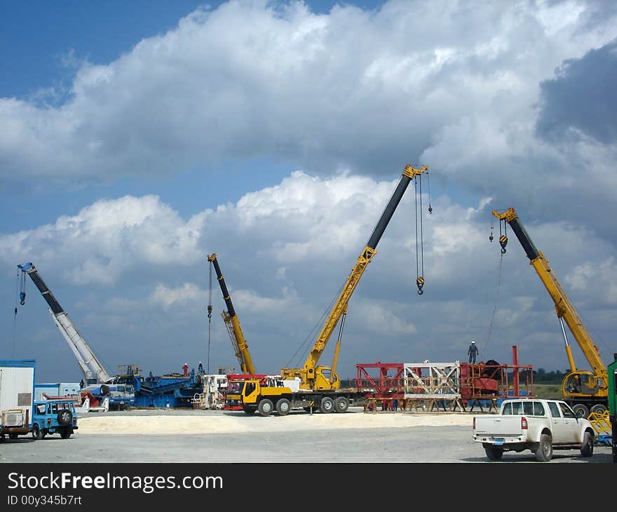 Four cranes spread at work