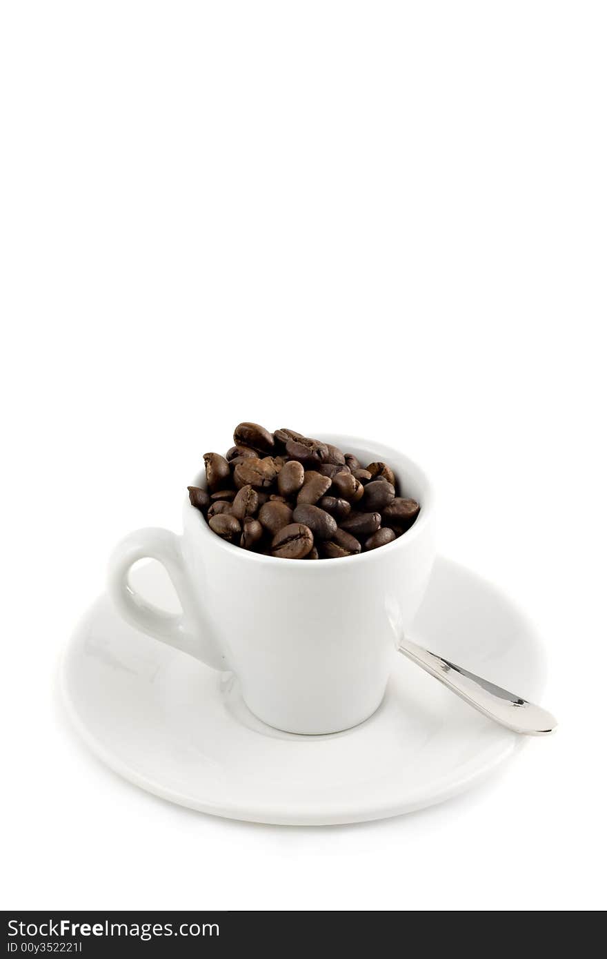 Coffee cup with beans isolated, copy-space