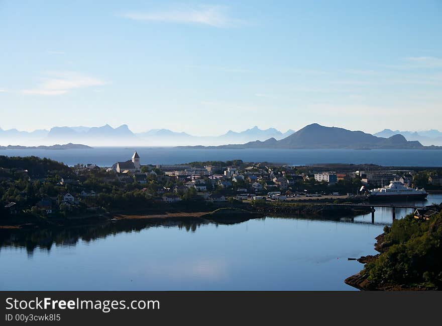 Small town on a fiord coast at Lofoten island