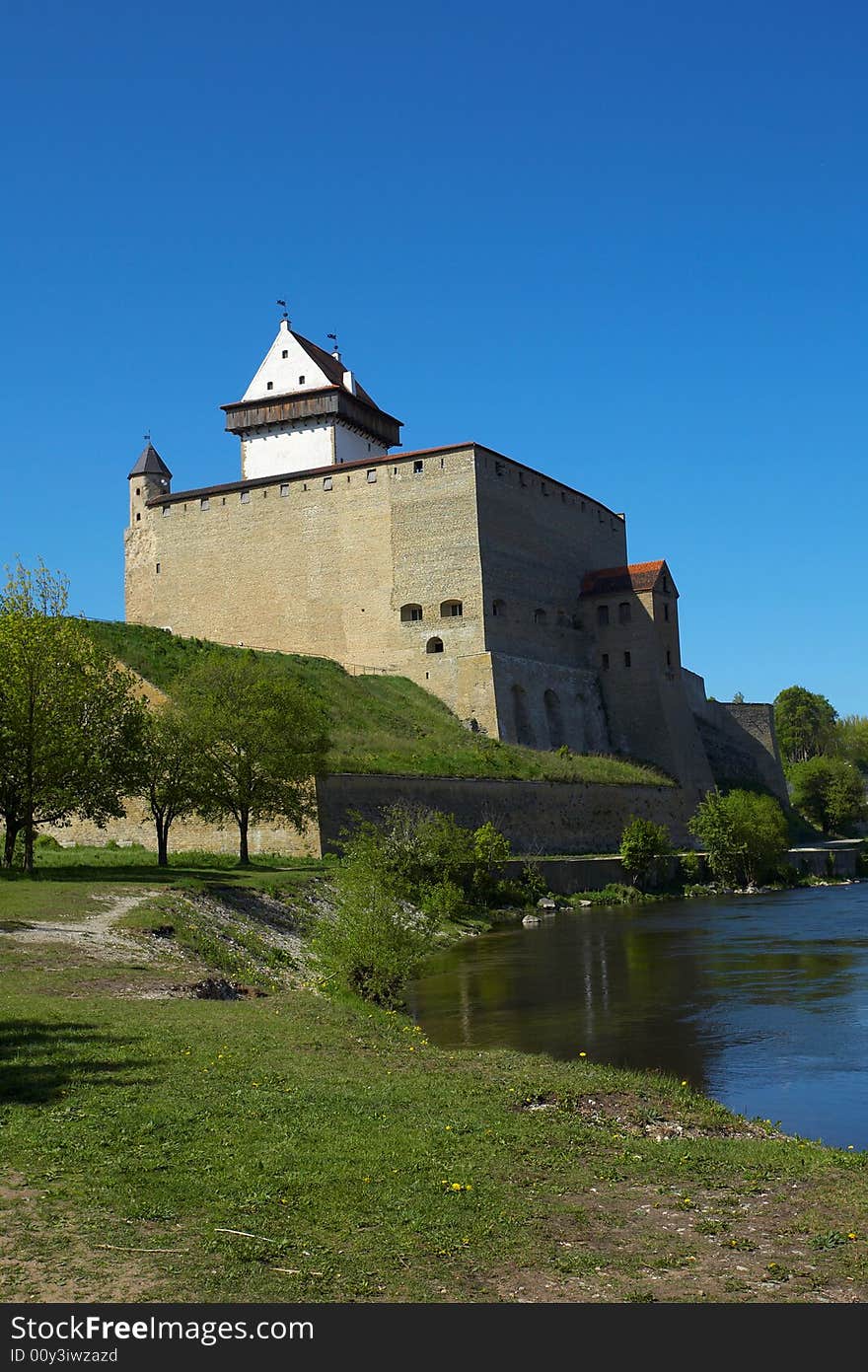 Big beautiful castle. View from Narva river, Estonia