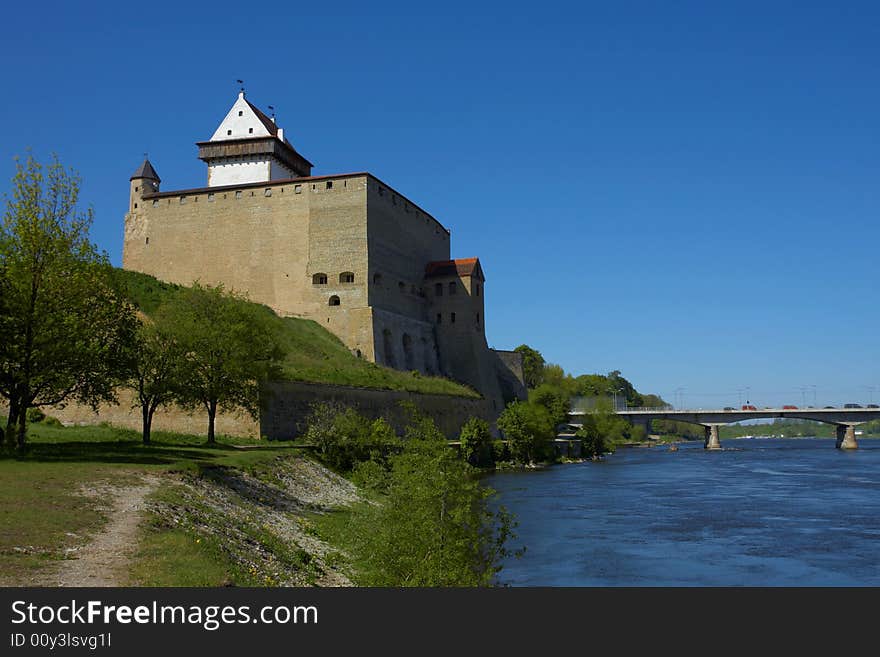 Big beautiful castle. View from Narva river, Estonia