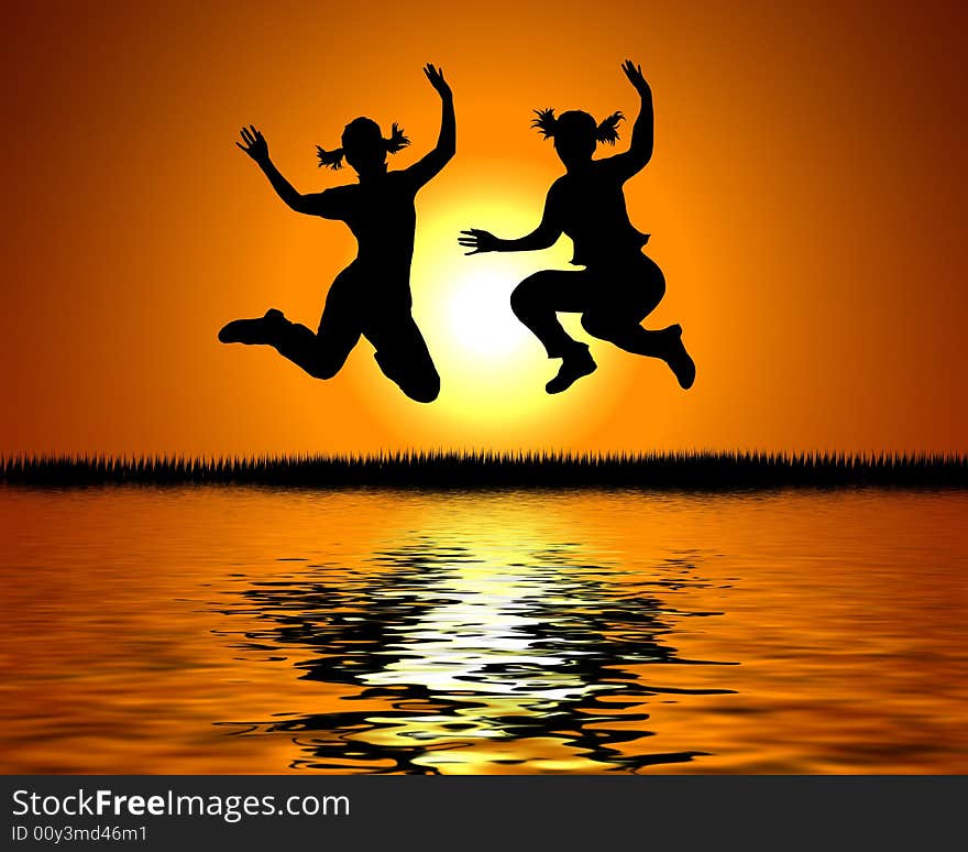 Illustration of two girl silhouettes, jumping for joy. Illustration of two girl silhouettes, jumping for joy