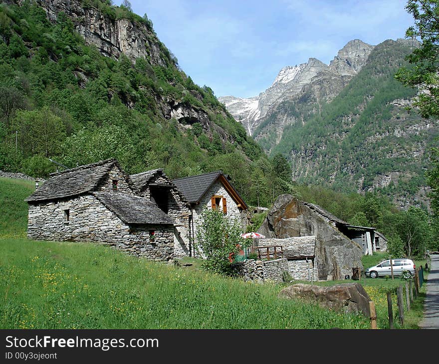 Mountain stone houses in the Swiss Alps