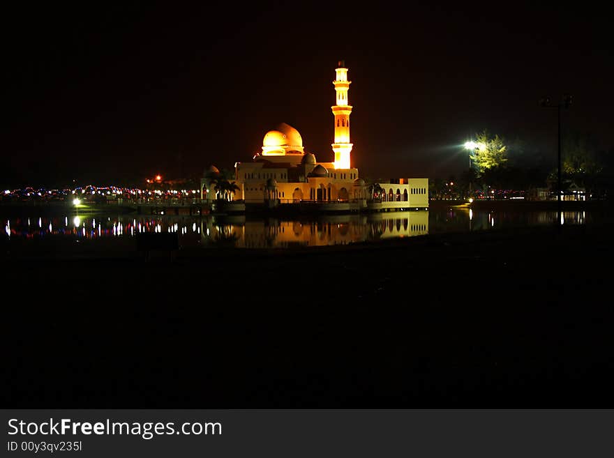 Terengganu Mosque Malaysia on Water at Night