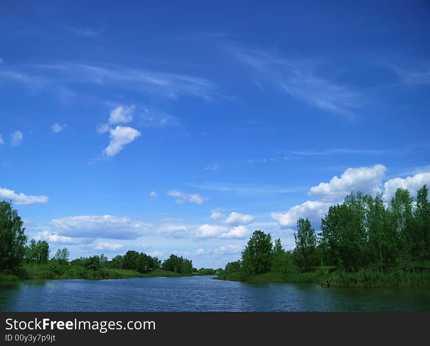 Dream of fisherman. Wild lake before a thunderstorm