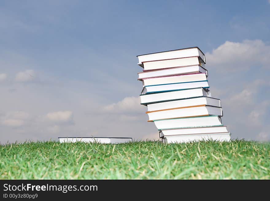 Pile of books laying on a grass