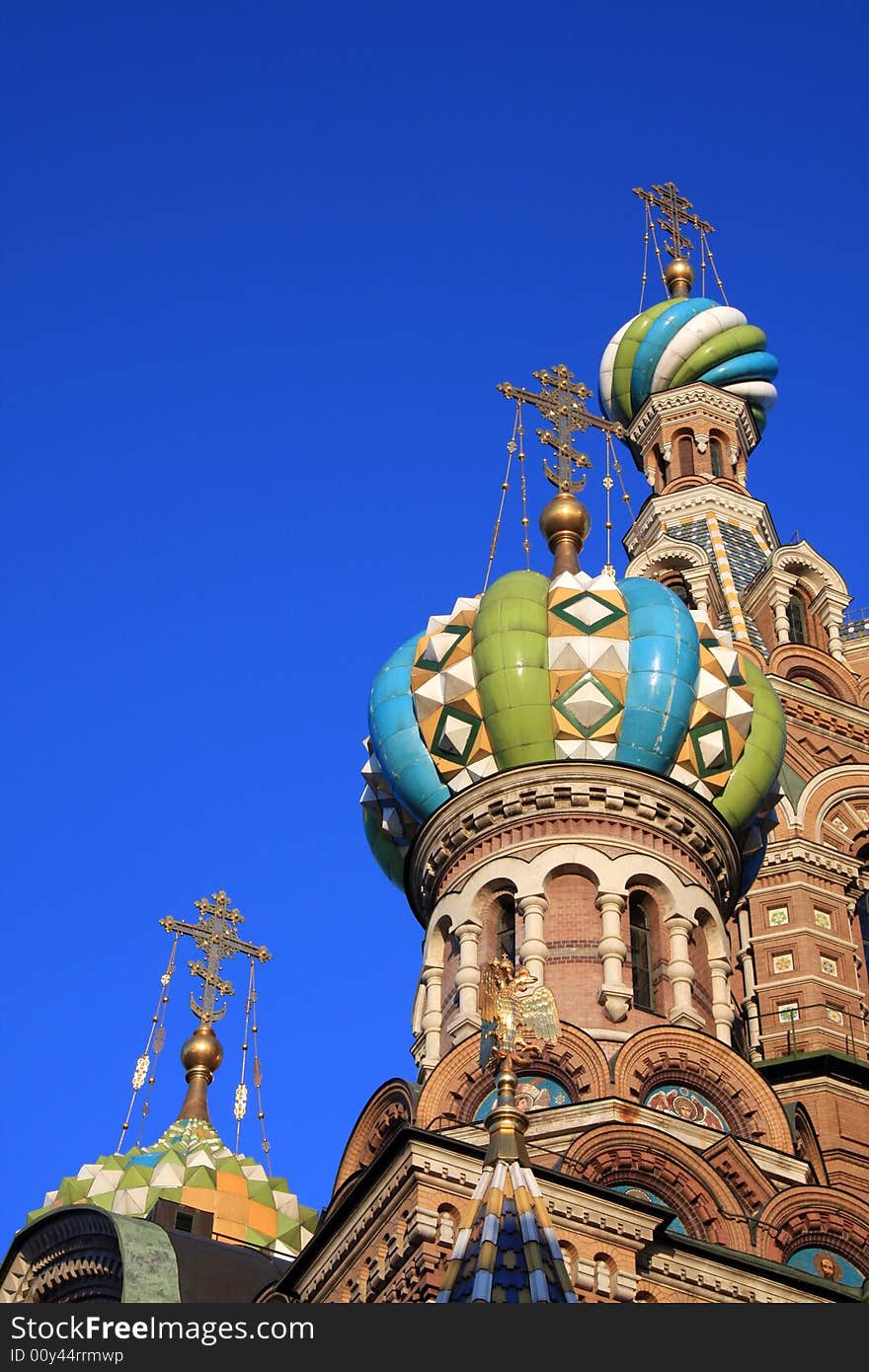 Russian Christian temple with mosaic domes. St.-Petersburg.