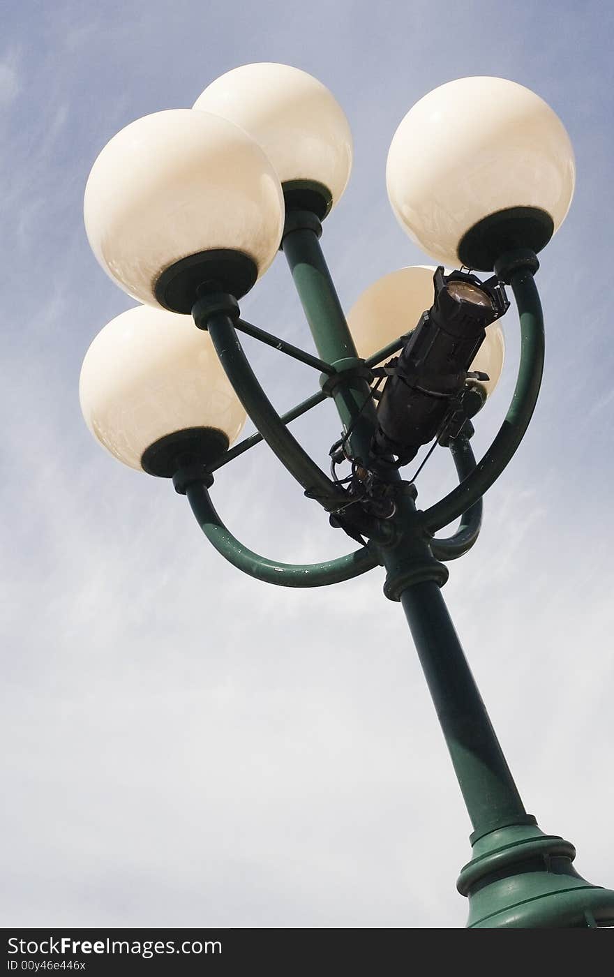 Close up view of a city lamp with a blue sky