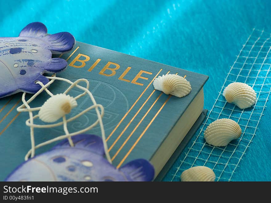 Blue marine still life with Bible