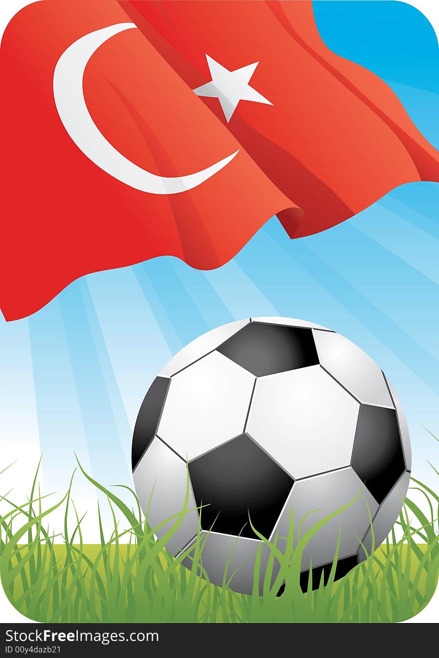 European football championship Euro 2008 theme with a classic ball on the grass and Turkish flag. European football championship Euro 2008 theme with a classic ball on the grass and Turkish flag