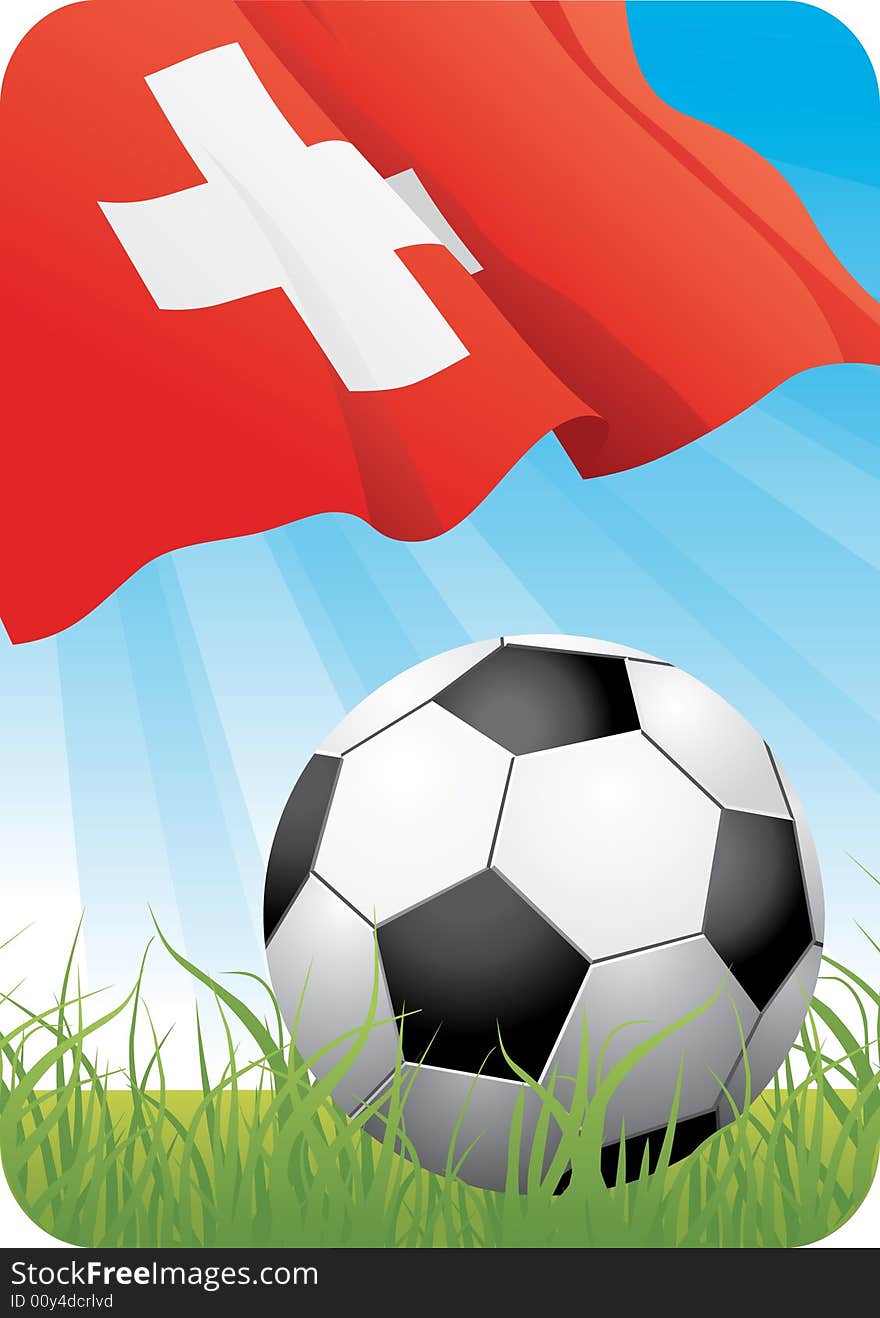 European football championship Euro 2008 theme with a classic ball on the grass and Swiss flag. European football championship Euro 2008 theme with a classic ball on the grass and Swiss flag