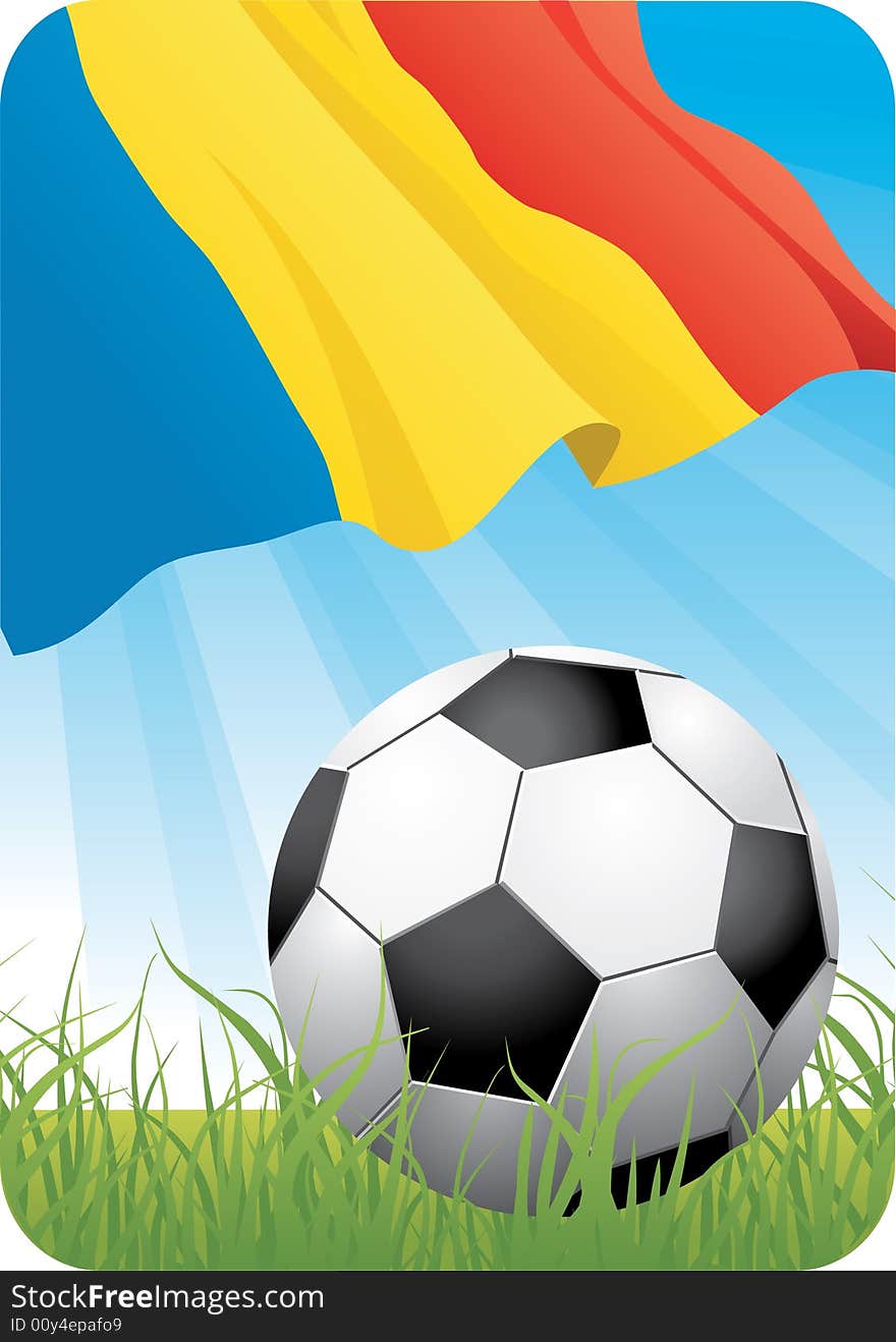European football championship Euro 2008 theme with a classic ball on the grass and Romanian flag. European football championship Euro 2008 theme with a classic ball on the grass and Romanian flag