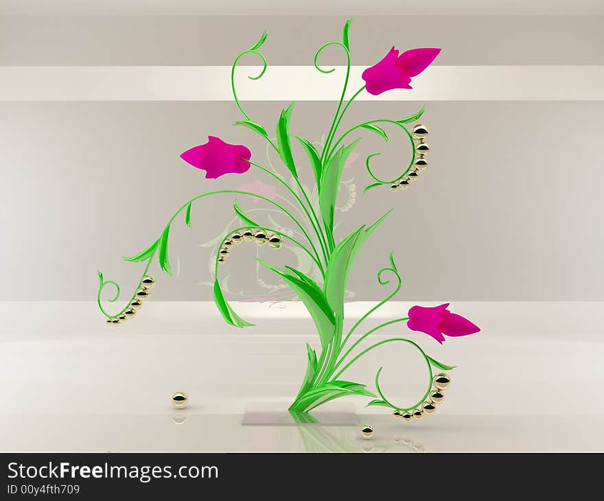 Glass flower with gold fruits, 3D render. Glass flower with gold fruits, 3D render