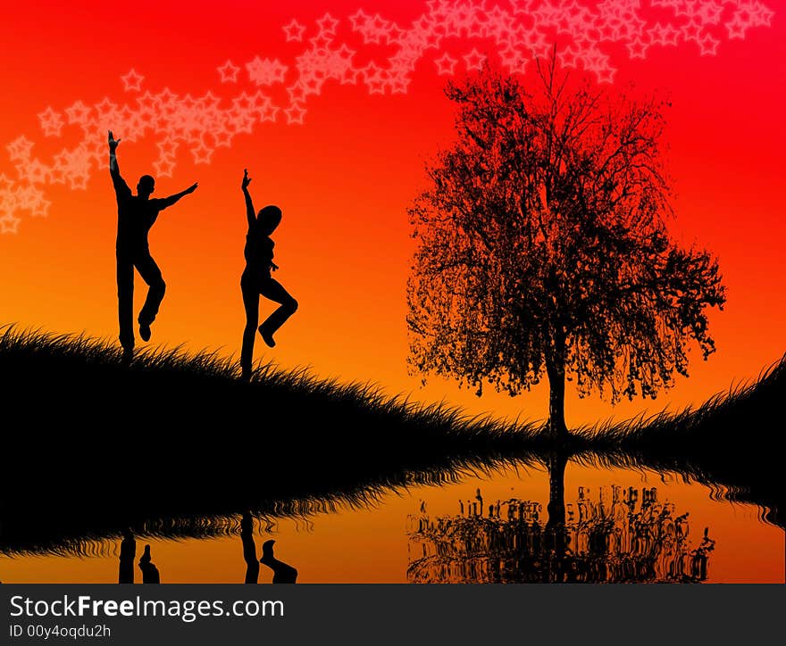 Black man and woman figures jumping in the sunset